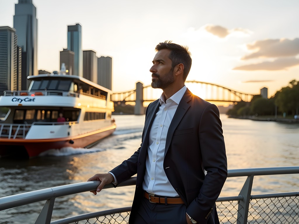 Business traveler enjoying Brisbane CityCat ferry ride between meetings