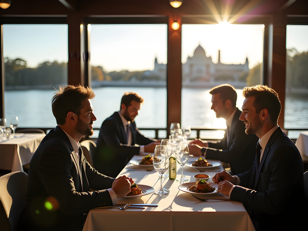Business lunch at upscale restaurant with view of Parliament House