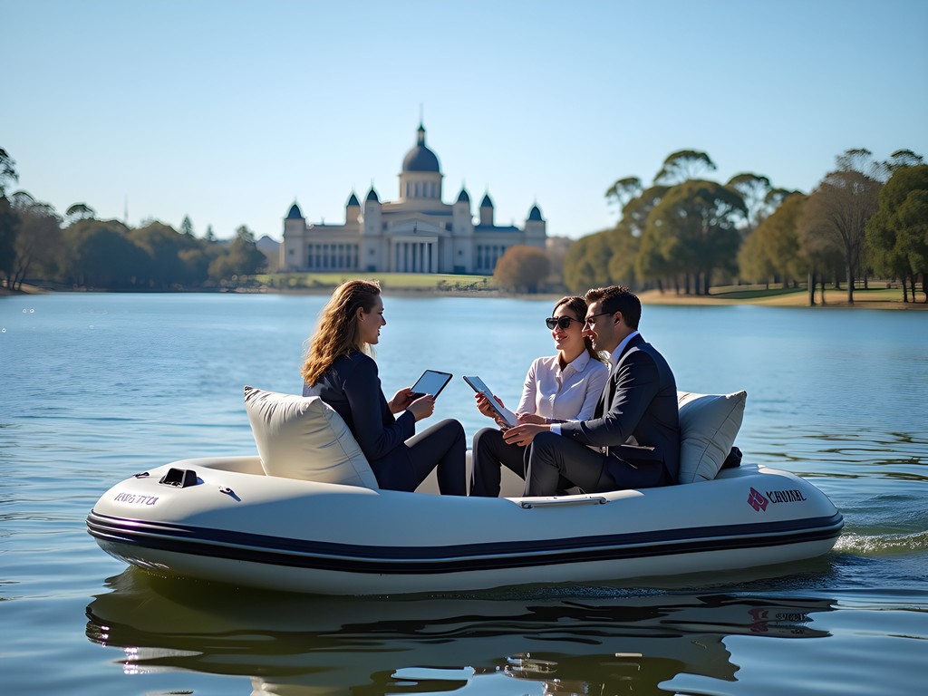 Business meeting on an electric boat on Lake Burley Griffin with Parliament House view