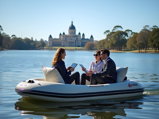 Business meeting on an electric boat on Lake Burley Griffin with Parliament House view