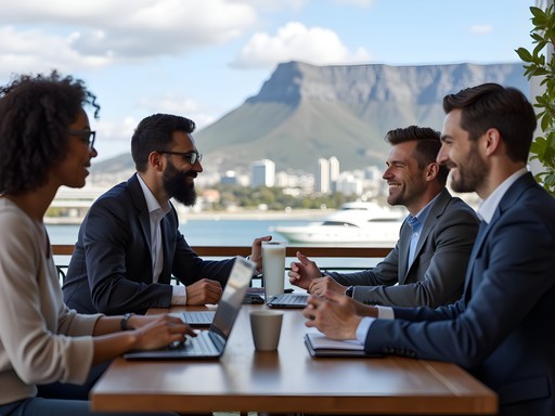 Business meeting at outdoor café with Table Mountain backdrop in Cape Town