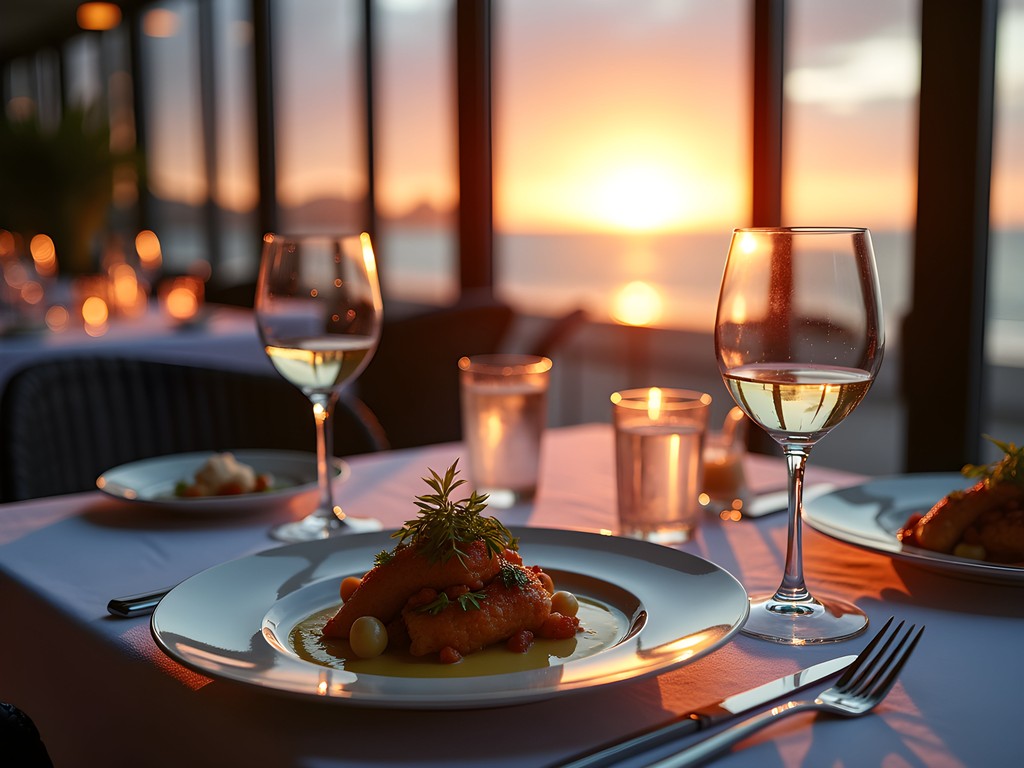 Upscale business dinner at Cape Town restaurant with Atlantic Ocean views at sunset
