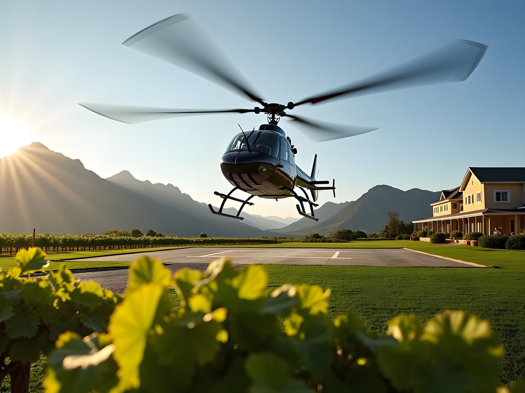 Helicopter landing at Cape Winelands estate with Table Mountain visible in distance
