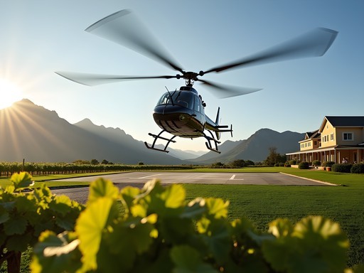 Helicopter landing at Cape Winelands estate with Table Mountain visible in distance