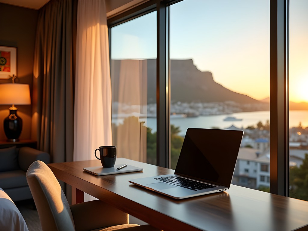 Luxury hotel workspace overlooking Table Mountain and Cape Town harbor