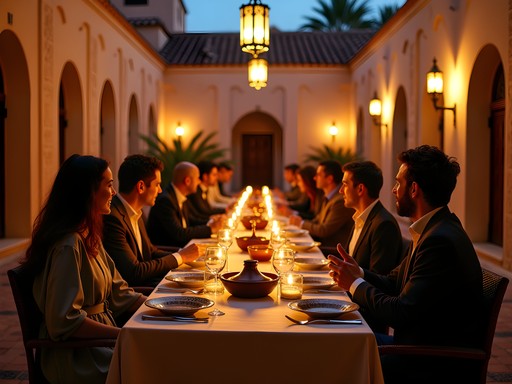 Elegant business dinner in traditional Marrakech riad courtyard with lanterns