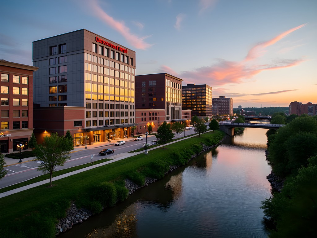 Downtown Cedar Rapids hotel district with river view at sunset
