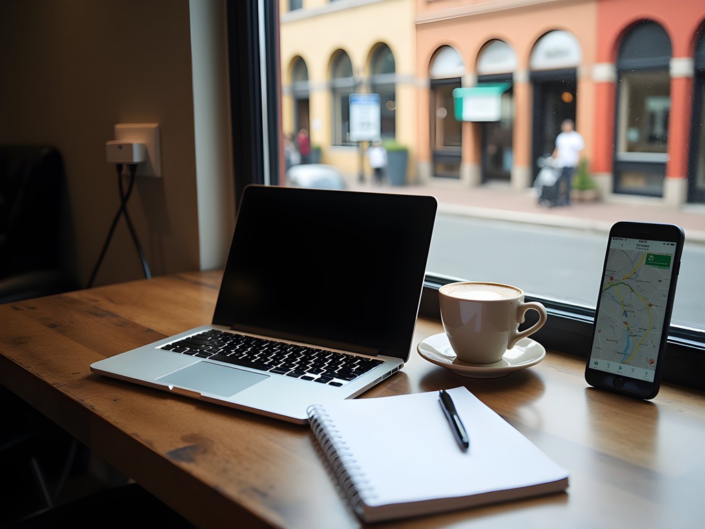 Professional business setup with laptop, coffee, and city view in Charleston