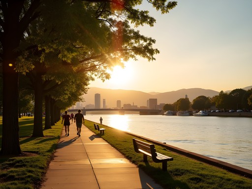 Sunset view of Charleston's riverside walking path with city lights