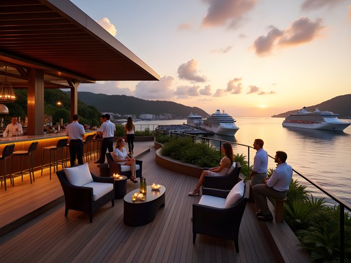 Business professionals enjoying sunset networking at Villa Norbu overlooking Charlotte Amalie harbor