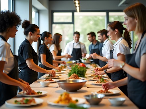Corporate team participating in a cooking class team building activity in Charlotte