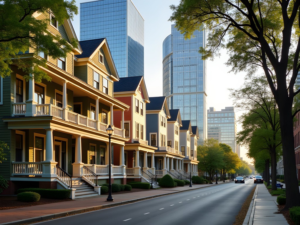 Contrast of historic Victorian homes and modern skyscrapers in Charlotte's Fourth Ward district