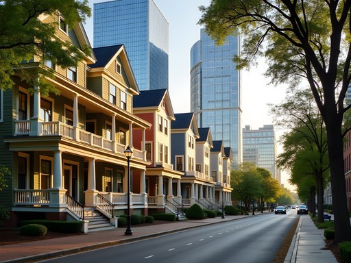 Contrast of historic Victorian homes and modern skyscrapers in Charlotte's Fourth Ward district