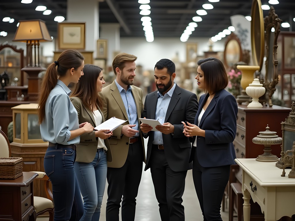 Business team engaged in a vintage shopping team building exercise in Charlotte antique mall