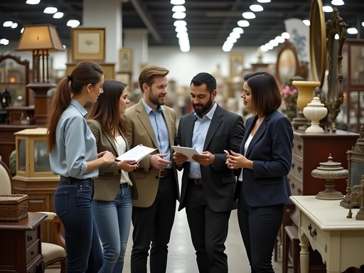 Business team engaged in a vintage shopping team building exercise in Charlotte antique mall