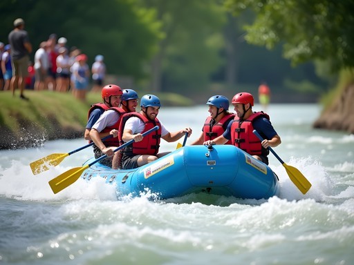 Business team engaging in whitewater rafting team building at Charlotte's National Whitewater Center
