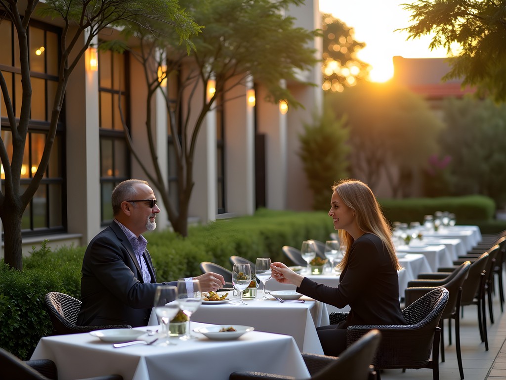 Elegant outdoor business dining setting with biophilic design elements in upscale Dallas restaurant