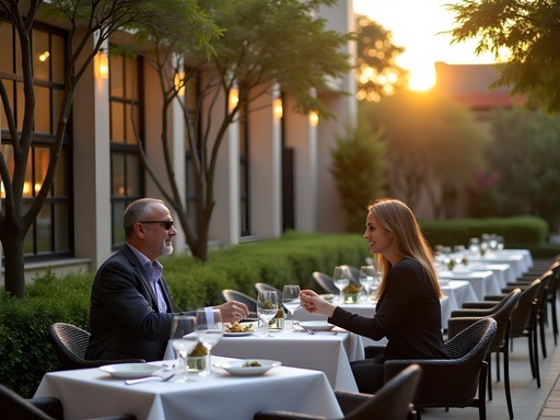 Elegant outdoor business dining setting with biophilic design elements in upscale Dallas restaurant