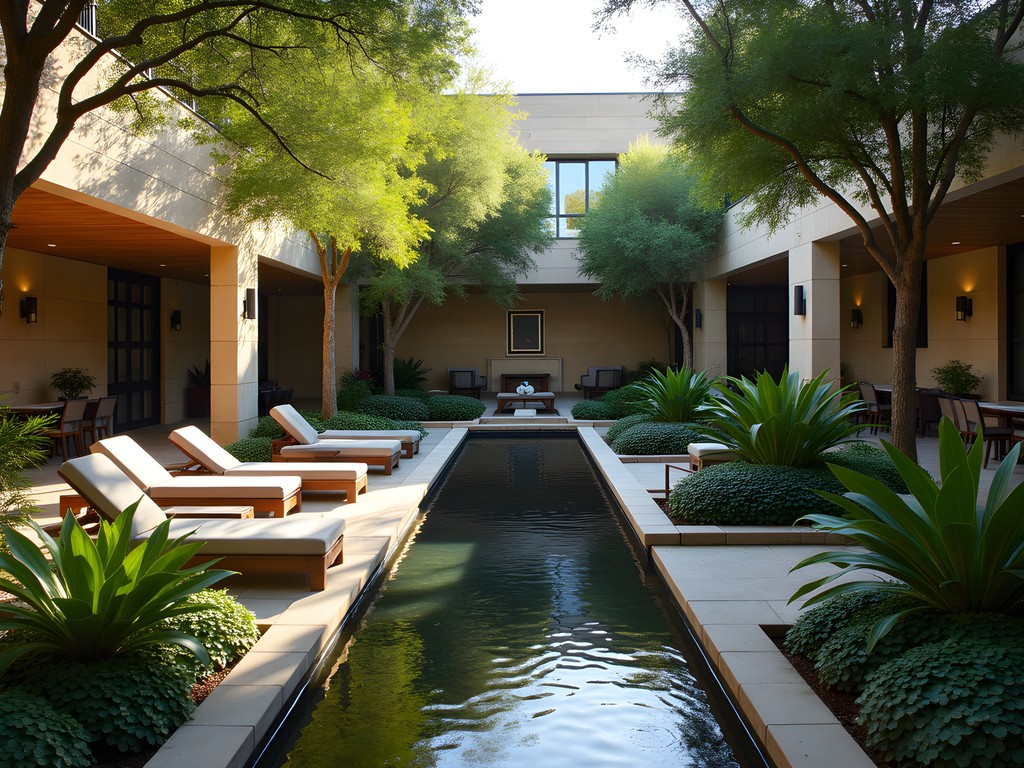 Serene hotel garden courtyard in upscale Dallas hotel with water features and strategic plantings