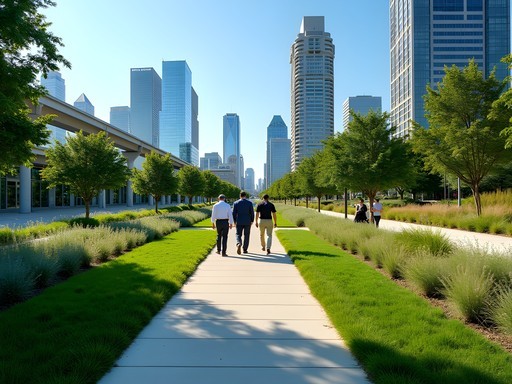 Business professionals enjoying Klyde Warren Park deck park built over freeway in Dallas