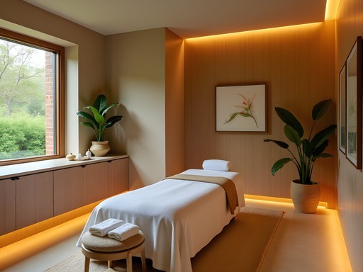Luxury spa treatment room with therapeutic design elements in upscale Dallas hotel