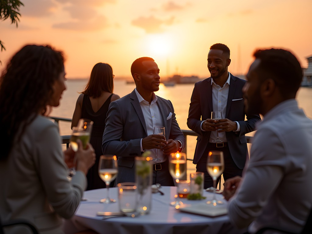 Business networking event at Dar es Salaam Yacht Club during sunset