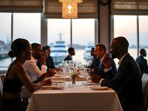 Business dinner at upscale Dar es Salaam restaurant with harbor view