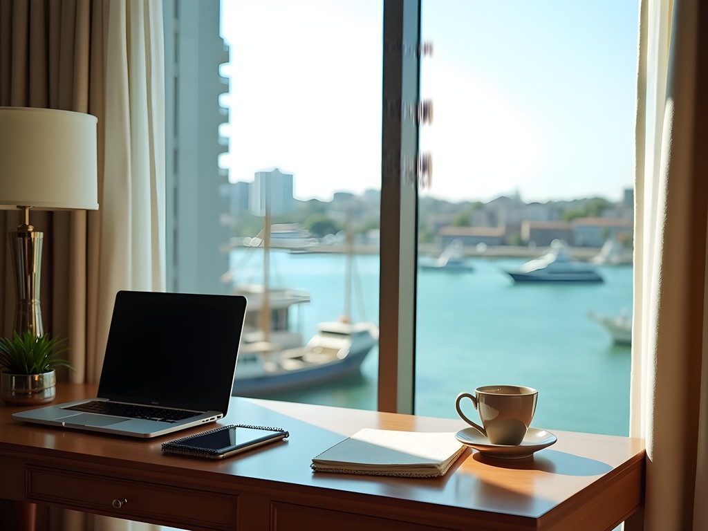 Luxury hotel workspace overlooking Dar es Salaam harbor