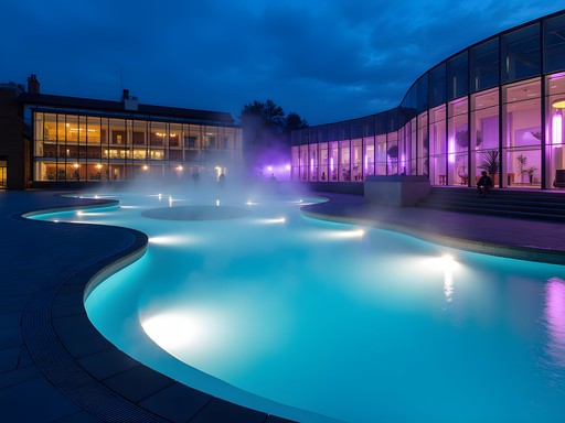 Illuminated thermal bath complex in Debrecen with steam rising from pools