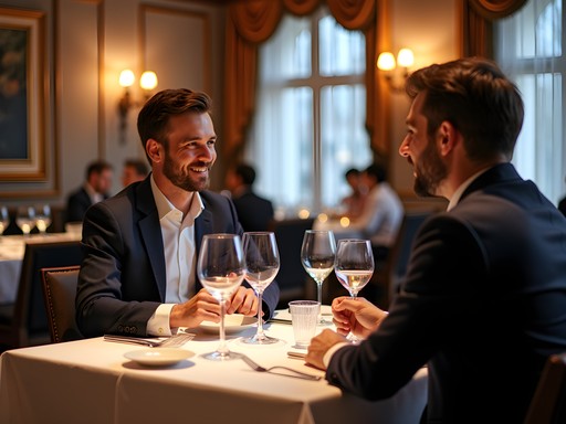 Business professionals having dinner meeting at upscale Debrecen restaurant