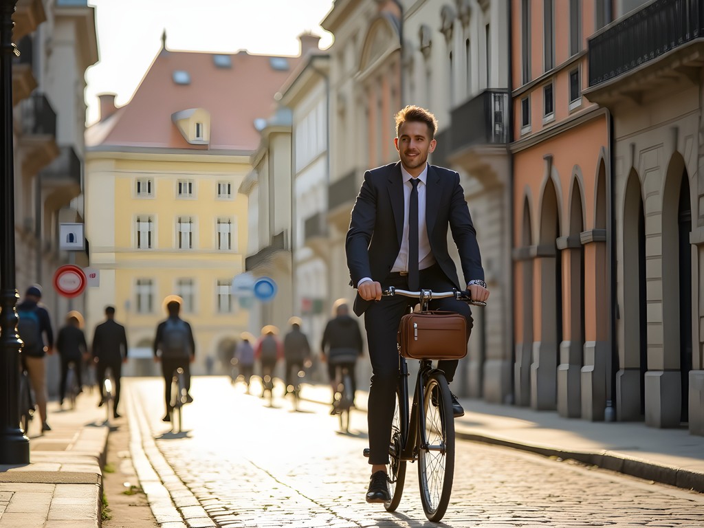 Business professional cycling through historic Debrecen streets in business attire