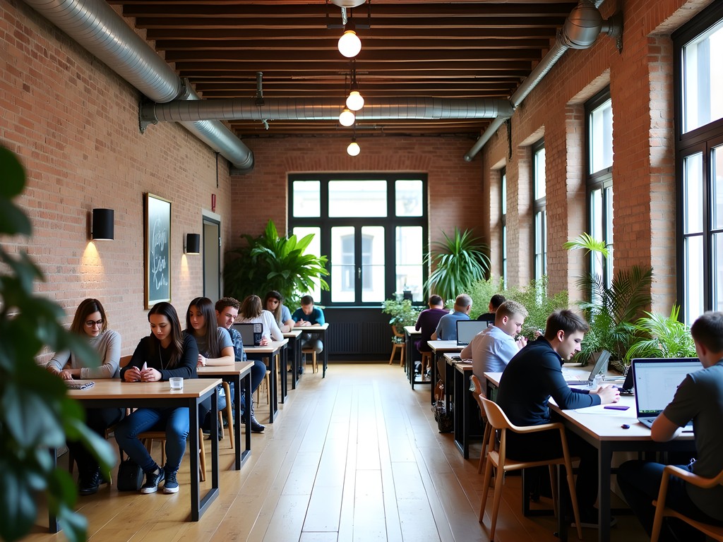Modern coworking space in historic building with professionals working