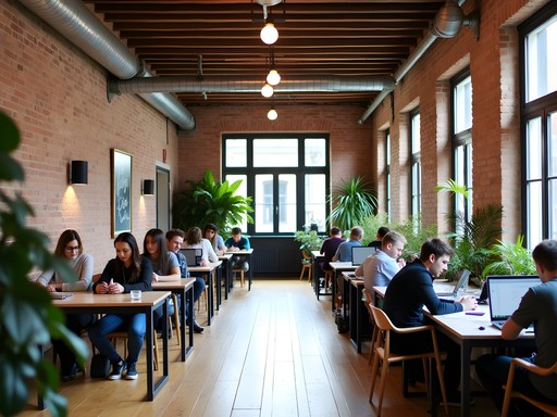 Modern coworking space in historic building with professionals working