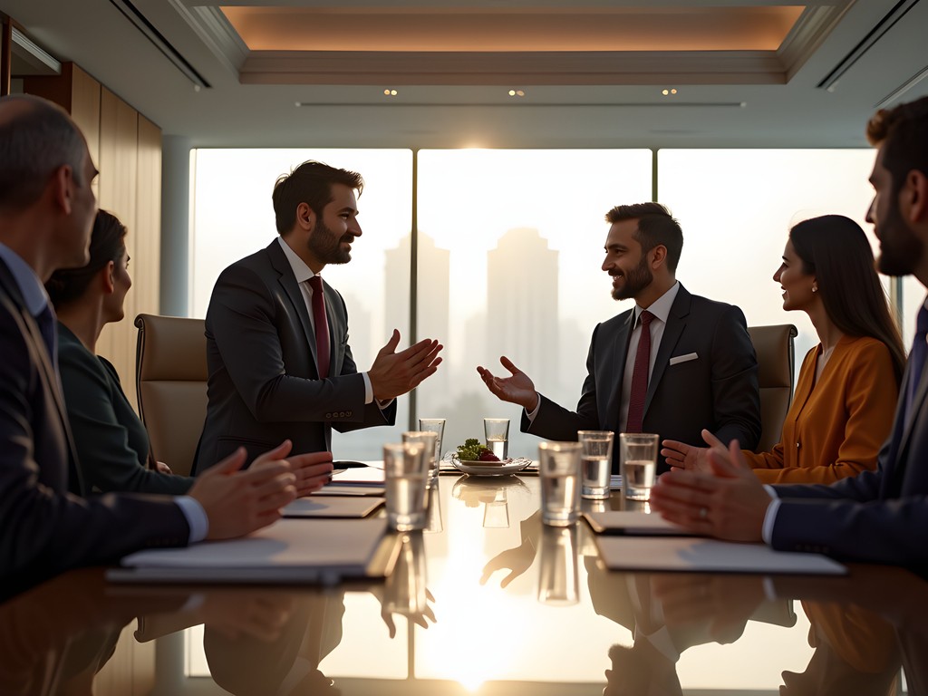 Business professionals engaging in traditional greeting during a corporate meeting in Delhi
