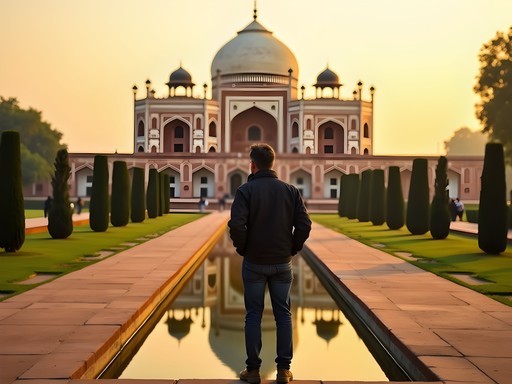Business traveler exploring historic architecture at Humayun's Tomb in Delhi during early morning light