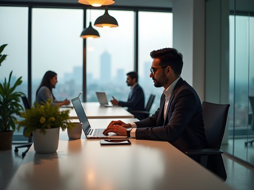 Business professional working with multiple devices in a modern Delhi coworking space