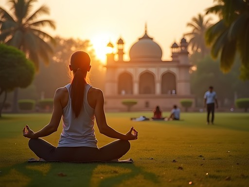 Business traveler practicing yoga at sunrise in Lodhi Gardens with historic monuments in background