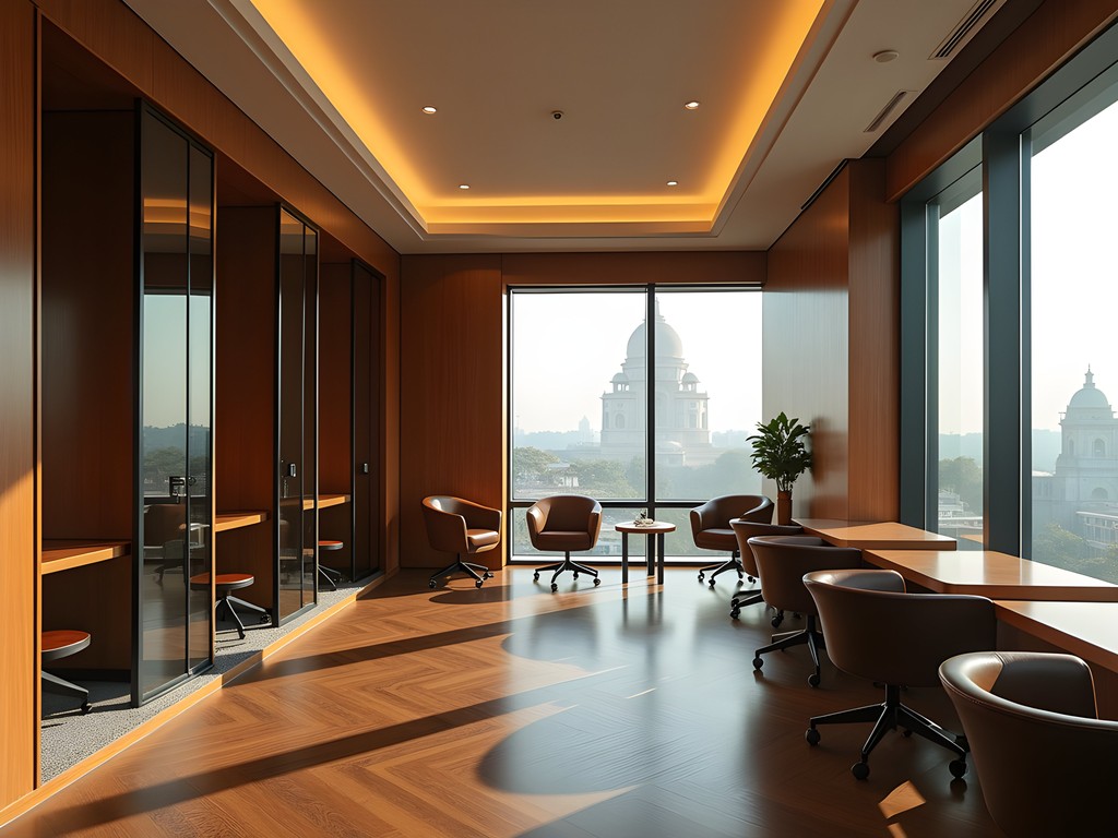 Elegant business center in a luxury Delhi hotel featuring private meeting pods and panoramic city views