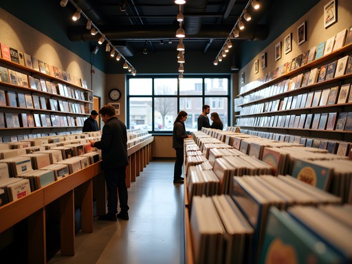 Business traveler browsing vinyl records in Des Moines record shop