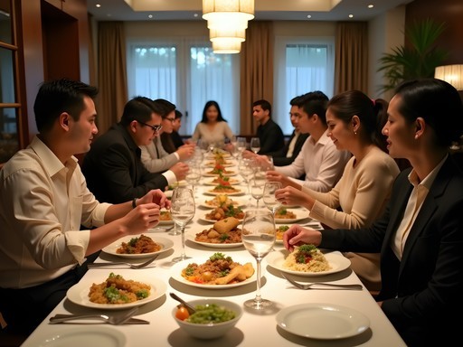 Business dinner with local and international professionals in upscale Dhaka restaurant