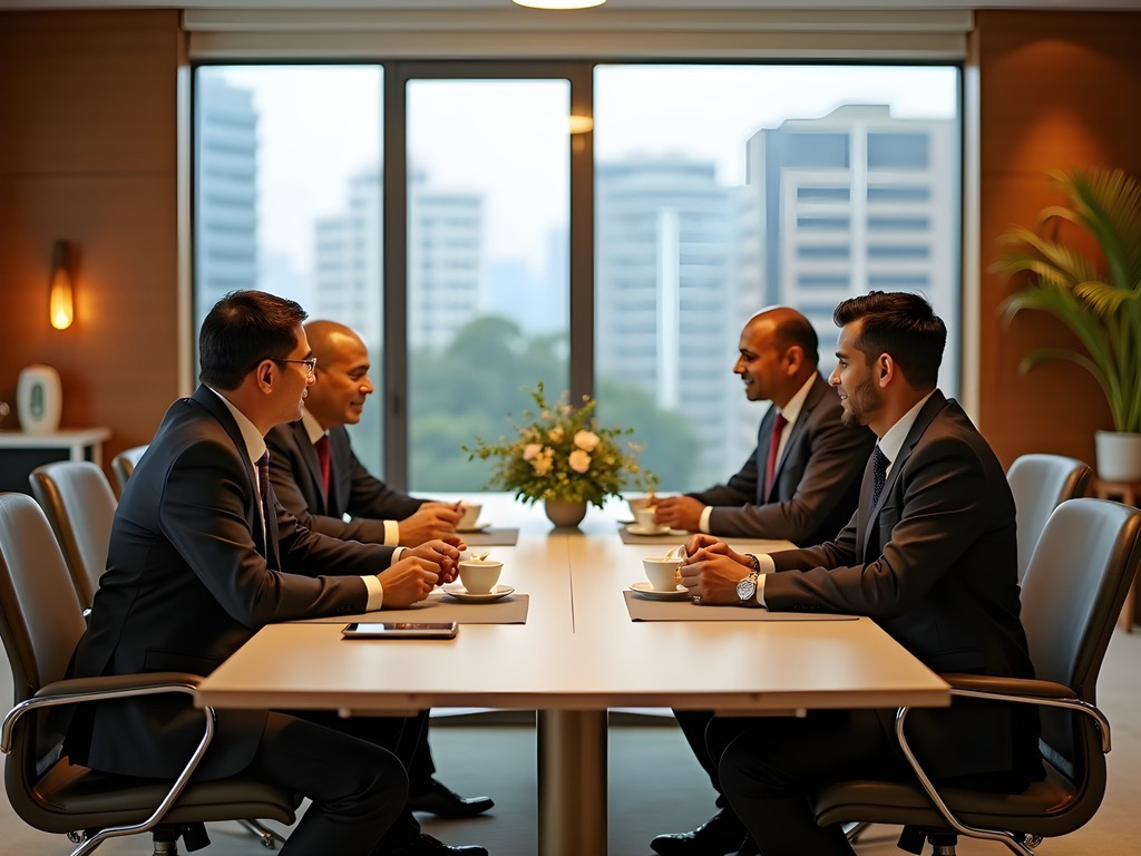 Business professionals sharing tea during a meeting in Dhaka office