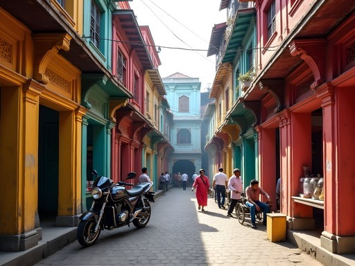 Colorful street scene in Old Dhaka with historical architecture