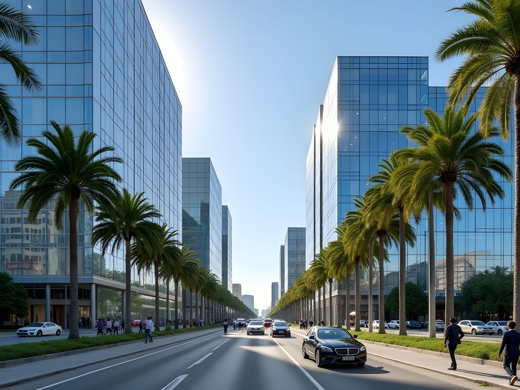 Modern office buildings in Douala's Bonanjo business district with palm trees lining the streets