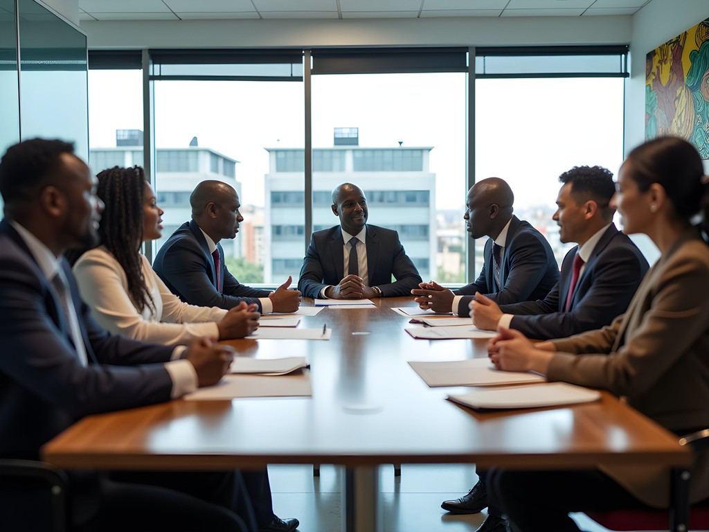 Professional business meeting between international and Cameroonian executives in Douala office setting