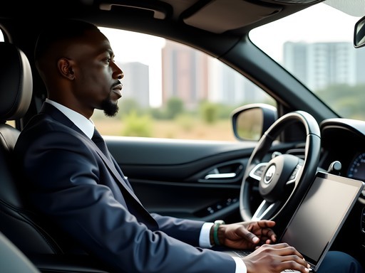 Professional driver with executive car navigating Douala traffic with business traveler working in backseat