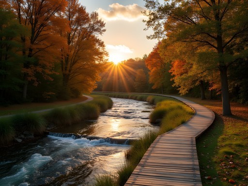 Dover Community Trail along the Cocheco River at sunset