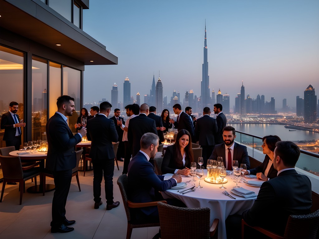 Professional networking event on Dubai luxury rooftop with city views