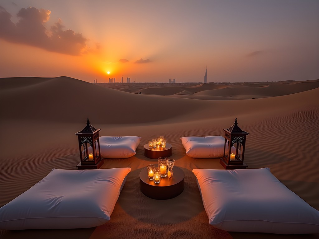 Luxury desert camp setup with Dubai skyline visible in distance at sunset
