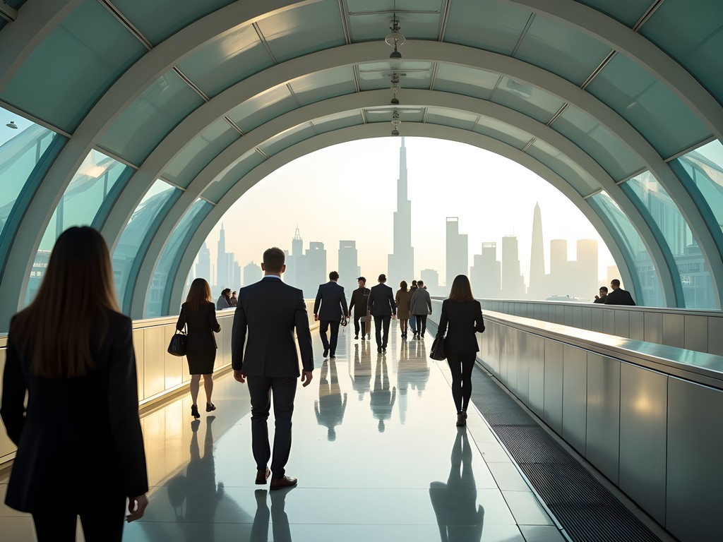 Dubai Metro station with business professionals and modern architecture