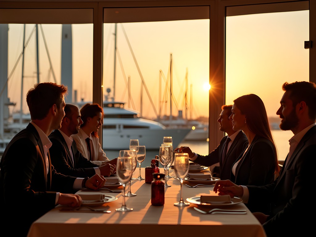 Elegant business dinner at Whale restaurant overlooking Eilat marina at sunset